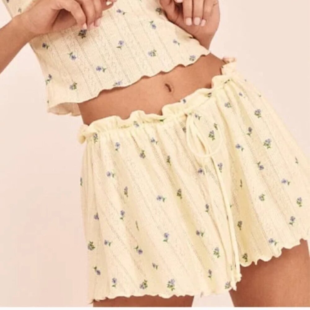 For Love & Lemons Women's Size Medium Pointelle Shorts Butter Yellow Blue Floral
